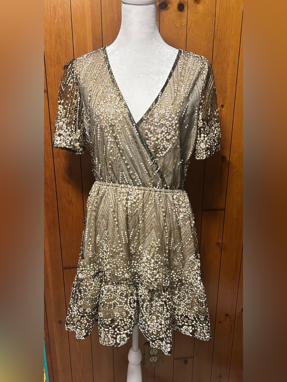 Gold Sequin Wrap-Style Mini Dress